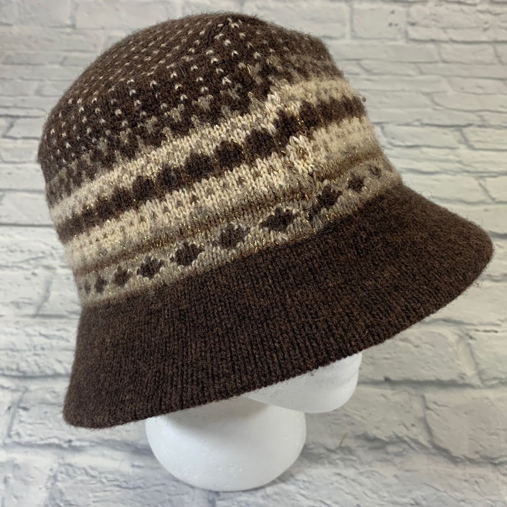 Nine West Wool Laine bucket hat Brown Gold shimmer thread One size